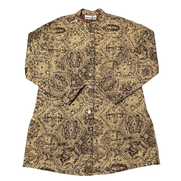 Chico's Med/1 Tapestry Long Jacket Button Front Mandarin Collar Unlined - Picture 7 of 9